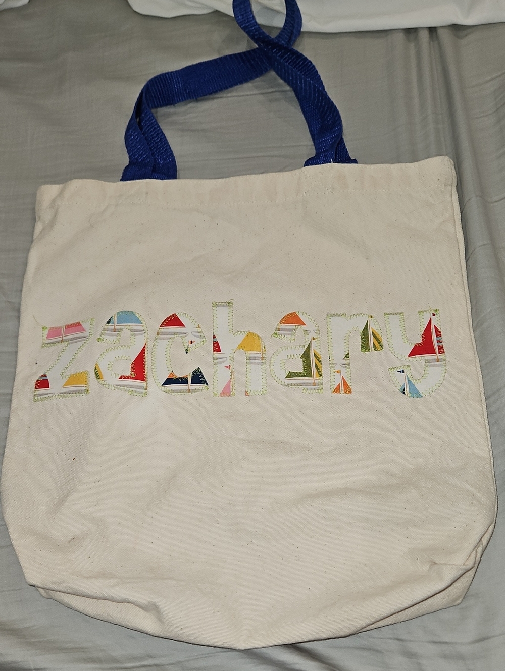Custom Appliqué Canvas Tote with Blue Handles- Zachary